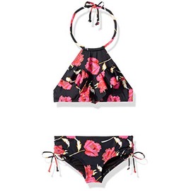 Billabong Girls' Floral Dawn Hi Neck Two Piece Bikini Set, Black, 8