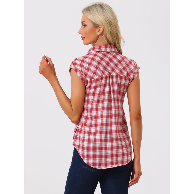 Allegra K Women's Summer Plaid Tops Casual Short Sleeves Western