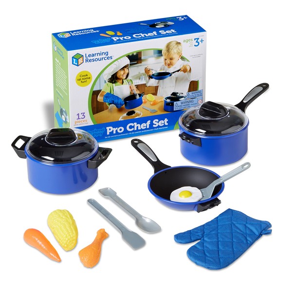 Learning Resources Pretend & Play Pro Chef Set, Kitchen Toys for Kids, Pretend Kitchen, Pots and Pans for Kids, 13 Pieces, Ages 3+