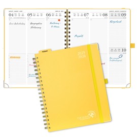 POPRUN Calendar 2025 2026 Book Calendar Ring Binder with Hard Cover, Approx. A4 (25.5 x 20.5 cm), 17-Month Diary (Aug.2025-Dec.2026), Weekly Planner 2025 2026 with Plastic Ruler - Light Yellow