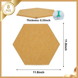 8 Packs Hexagon Felt Pin Board, 12" Bulletin Board with 30 Push Pins, Felt Board for Home Kitchen Office Decor, Self-Adhesive Corkboard Tiles for Walls School Message Photos Memos-Brown