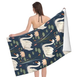 dhakalrlde Graceful Swan Beach Towel, Microfiber Oversized Quick Dry Sand Proof Lightweight Bath Pool Water Lily Towel for Women Adults Kids, Soft Absorbent Towels for Travel Swim 32×52 in