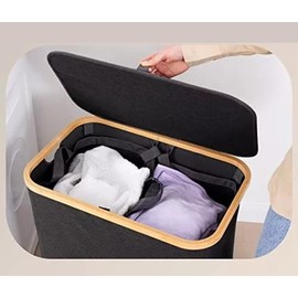 Easyday Laundry Hamper with Lid - Clothes Hamper with Removable Laundry Bag and Bamboo Handles, Foldable Laundry basket for Laundry Room, Bathroom, Bedroom (Dark Gray, 140L)