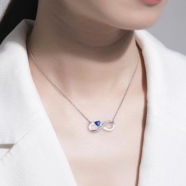 ADVIOK Infinity Necklace 925 Sterling Silver Chain 16'' with Blue AAA Heart Cubic Zirconia Infinity Pendant Present Jewellery Gifts