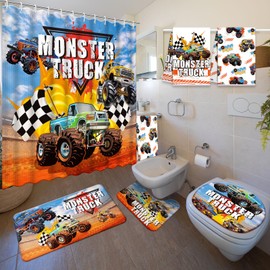 Nuanchu 6 Pcs Shower Curtain Bathroom Set with Bath Mat U Shaped Mat Toilet Cover 2 Bath Towels and 12 Hooks Bathroom Decor Set,71 x 71 Inch(Monster Truck)