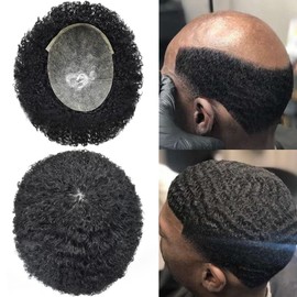 Hair Wonders Hair Units For Black Men Poly Skin Afro Toupee Afro Hair System For Black Men Hair Piece 12mm #1B Off Black