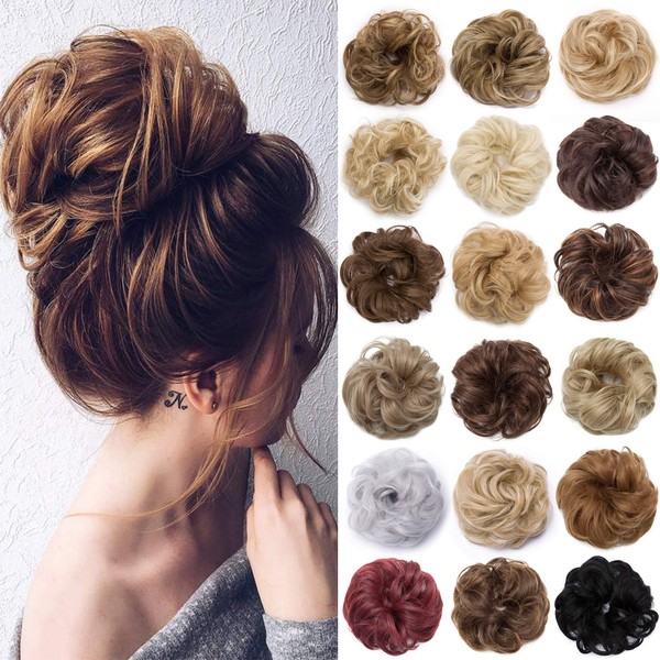 S-noilite Hair Bun Extensions Messy Wavy Curly Dish Donut Scrunchie Hairpiece Accessories Chignons Updo Ponytail Pony Tail Synthetic Hair Extension for Women Girl -1 Piece 30G Light Auburn & Dark Brown
