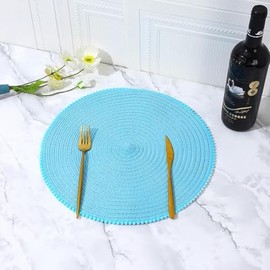 KKTECH Round Braided Placemats Set Of 4 For Dining Table, Waterproof and Washable Circle Table Mats - Non-Slip Heat-Resistant Vinyl Place Mats - 15 Inches Diameter (AQUA)