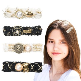 Aodse 4 Pcs Cute Hair Clips for Women, Retro Black and White Duckbill Hair Clip, with Pearl, Flower, Bear Exquisite Flat Hair Clips, Hair Clips for Women and Girl Thin Hair