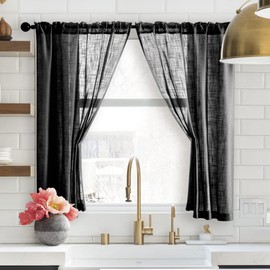 Black Curtains 48 Inches Long for Kitchen Window 2 Panels Rod Pocket Light Filtering Faux Linen Look Semi Sheer Curtains for Bedroom Bathroom 36 Wide by 48 Inch Length