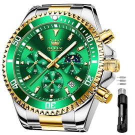 OLEVS Watches for Men Business Dress Big Face Classic Analog Quartz Green Chronograph Multifunction Stainless Steel Calendar Waterproof Luminous Mens Wrist Watches