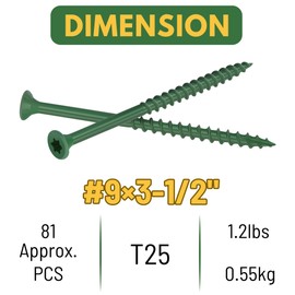 WELLOCKS Deck Screws 3-1/2", Wood Screws #9×3-1/2", Green 81 PCS, Superior Rust Resistant, Epoxy Coated, Above 1000 Hour Salt Spray Coating T25 Torx Star Bit Included for Outdoor Wood Fence