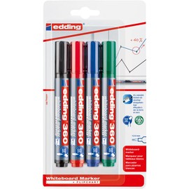 edding 360 whiteboard marker - multi-coloured - 4 whiteboard pens - round nib 1.5-3 mm - whiteboard pen dry wipe - for whiteboards, flipcharts, magnetic, memo boards - sketchnotes - refillable