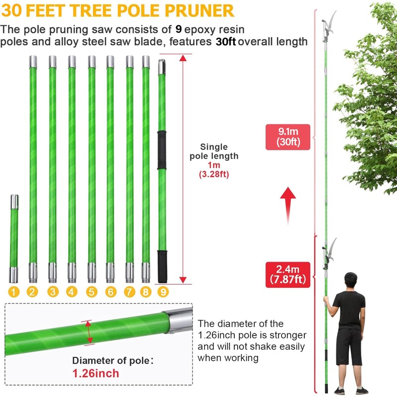 30 Feet Tree Pole Pruner Manual Branches Trimmer Tree Branch