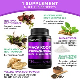 6-in-1 Organic Maca Root & Ashwagandha Capsules 1710mg w/DHEA & Black Pepper Fruit Extract - Maca Root Capsules for Women & Men - Energy, Mood, and Bone Support Supplement, 360 Capsules (3 Pack)