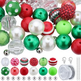 SUNNYCLUE 106Pcs Christmas Bubblegum Beads Xmas Chunky Beads Bulk,Beaded Pen Beads 20Mm Large Red Green Holiday Rhinestone Bead Loose Beads for jewellery Making Bracelet Necklace Pen Craft Supplies
