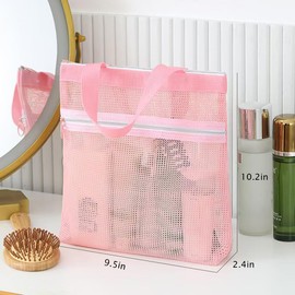 Mesh Shower Caddy Portable Shower Bag with Zipper & 2 Pockets. Tote Ideal for Gym, Travel, Camp, Beach, for Sunscreen, Dorm & College Essentials (Pink)
