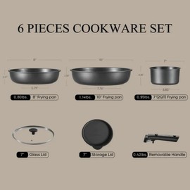 Nonstick Detachable Pots and Pans Set, 6 Pieces Induction Cookware Set, Oven/Dishwasher Safe, Easy for Storage