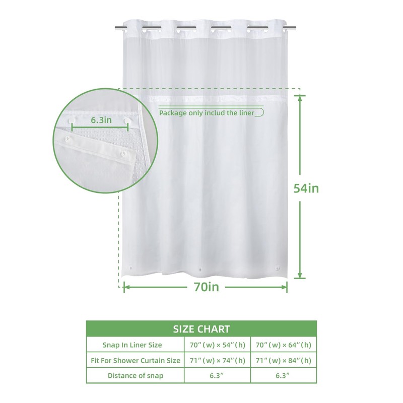 eachope 1 Pack PEVA Snap-in Shower Curtain Liner Replacement,Compatible with