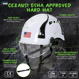 Aolamegs White Type 2 OSHA Approved Hard Hats with Visor - Type II Construction Hard Hat with Chin Strap,Vented Hard Hats Work for Men,Safety Arborist Helmet with 6 Point Suspension & Foam Liner