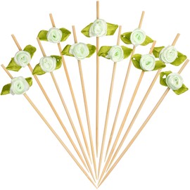 Minisland Green Rose Flower Cocktail Picks, 4.7 Inch Long Bamboo Fancy Toothpicks for Appetizers, Decorative Spring Summer Easter Party Food Drinks Garnish Fruit Skewer Sticks 100 Counts - MSL225