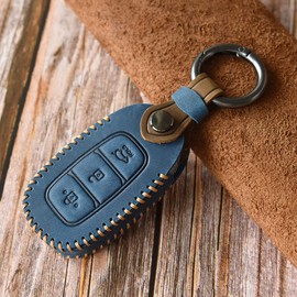 HIBEYO Smart Car Key Case Fits Hyundai Protective Case Key Cover for Hyundai Kona i10 i30 ioniq Accent Tucson Keychain Leather Key Fob Remote Control Key Case B Blue