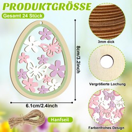 Pack of 24 Easter Decoration for Hanging, Spring Decoration Pendants, Wooden Easter Bunny, Easter Eggs, Butterflies, Flowers, Easter Decoration (Pink