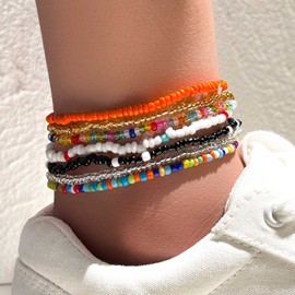 Atentuyi Layered Boho Beaded Anklets Bracelets Set Colorful Beads Beach Anklet Stacked Elastic Hand and Foot Chain Jewelry Dual Purpose for Women and Girls 7 Pcs