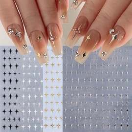 HYWWPFLAY 4 Sheets Star Nail Stickers for Nail Art, Self - Adhesive Glitter Embossed Nail Decals, (Silver Gold Black White) Aurora Star Nail Art Stickers Design for Women Girls DIY Nails Art Supplies