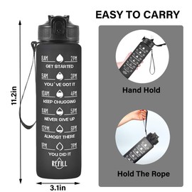 Toced Sport Water Bottle, 1L Water Bottle with Straw and Time Markings, Reusable Motivational Leakproof Water Bottle BPA Free Lid, Durable Drink Bottle for Gym, Sports, Outdoor (Black)