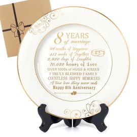 Urllinz 8th Anniversary Plate with 24k Gold Foil-Bronze Anniversary Wedding Gifts for Her Him,8 Year Anniversary Decorations Gift for Couple Wife Husband,Ceramic Plate with Stand 9"