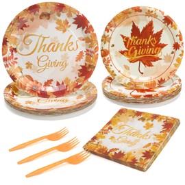 UVTQSSP 96 Pcs Thanksgiving Paper Plates and Napkins, Thanksgiving Plates and Napkins Party Supplies for Dessert Dinner, Disposable Tableware Sets, Fall Maple Leaf Pattern, Serve for 24 Guests