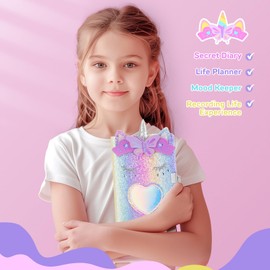 homicozy Unicorn Diary with Lock,Gift for 6 7 8 Year Old Girl,Glitter Seceret Journal for Kids with 160 Pages,Shiny Notebook for Writing and Drawing,Cute Stationery Back to School Gift