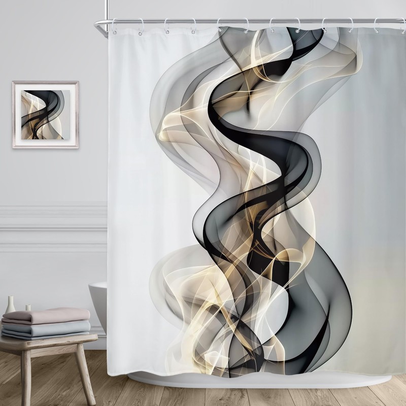Riyidecor Abstract Black Gold Shower Curtain 60Wx72H Inch Modern Luxury