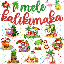 Hawaiian Christmas Decorations,Tropical Christmas Decorations Includes Mele Kalikimaka Banner and Kalikimaka Party Decorations Hanging Swirls,Mele Kalikimaka Decor for Christmas Luau Indoor Outdoor