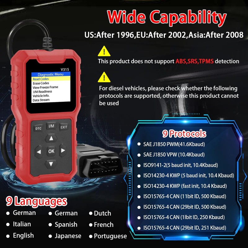 V315 OBD2 Diagnostic Diagnostic Tool Tool, Code Reader, Engine Light