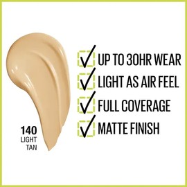 Maybelline Superstay Active Wear Base de Maquillaje Líquida Tono 140 Light Tan (30ml) - Alta Cobertura, Acabado Mate, 30h Duración, A Prueba de Agua y Cruelty-Free