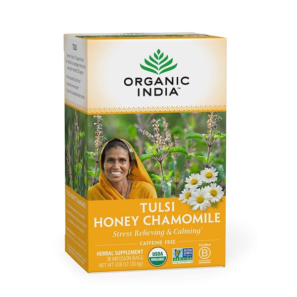 Organic India Tulsi Honey Chamomile Herbal Tea - Stress Relieving & Calming, Immune Support, Adaptogen, Vegan, Gluten-Free, USDA Certified Organic, Caffeine-Free - 18 Infusion Bags, 1 Pack