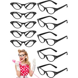 Dunzy 10 Pairs Cat Eye Rhinestone Glasses Retro 50s 60s Old Lady Glasses Carnival Sock Hop Party Decorations (Black)