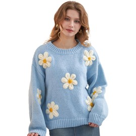 Migratory Bird Guide™ Floral Crewneck Long Sleeve Sweaters for Women 2024 Trendy - Light Blue