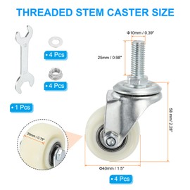 PATIKIL 1.5 Inch Stem Caster Wheels, 4 Pack Low Profile Rubber Threaded Shelf Swivel Wheel M10 x 25 mm Total Load 397 Lbs for Cart Wire Shelving Racks Leveling, White