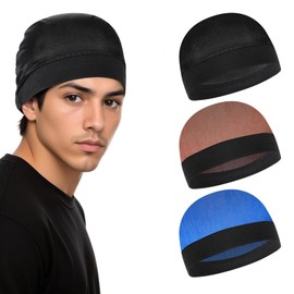 3PCS Stocking Cap Silky Wave Cap Satin Soft Breathable Silk Hair Bonnet for Sleep, Elastic Band Skull Caps for 360 540 720 Waves, Lightweight Beanie Shower Hair Wrap Hats(Black, Brown, Royal Blue)