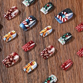 Xmas Snowflake Press on Nails Short Square Fake Nails with Glue Christmas Fruit Acrylic Nails Gingerbread Man Stick on Nails Reusable Christmas False Nails for Women Girls Nail Art Decoration 24Pcs