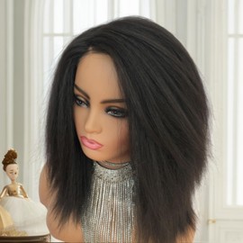 Wear And Go Glueless Wigs Kinky Straight Lace Front Wig Pre Plucked Hair Line with Baby Hair 180% Density Yaki Wigs Black Color Wig