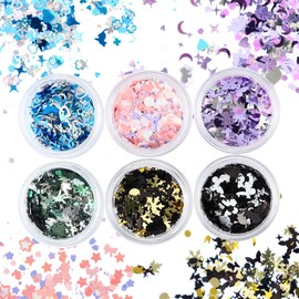 Princess-style Hologram Glitter Silhouette Glitter Glitter Nail Resin Butterfly Cat Heart Moon Star Snowflake Sequin Nail Art Gel Resin Filled MIX 6 Colors Set