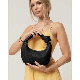 Woven Purse - Woven bags for women - Small Hobo Bags - Fashion Knotted Top Handle Handbags Clutch - Soft Vegan Leather - Black