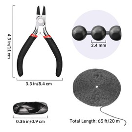 Mudder 65 Feet Stainless Steel Chains, 2.4mm Bead Link Chain with 40 Ball Connector Clasp and Plier for Necklace Hanging Ornament Key Chain Dog Pet Tags(Black)