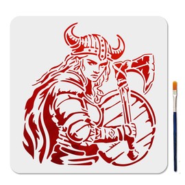 MAYJOYDIY Viking Woman Warrior Stencil, 11.8 x 11.8 inch, Reusable Armor Shield Template with Paint Brush for Wall Home Decor