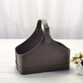 Leather Storage Basket,MDF Structure Wine Flowers Fruits Magazine Holder Rack/Bins,with Top Handle for Holiday Presents Gifts Display (Small, Coffee)