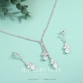 Ushiny Bridal Wedding Jewellery Set Silver Sparkly Rhinestone Necklace and Earrings Set Crystal Dangle Drop Earring Necklace Jewellery Set for Women and Girls